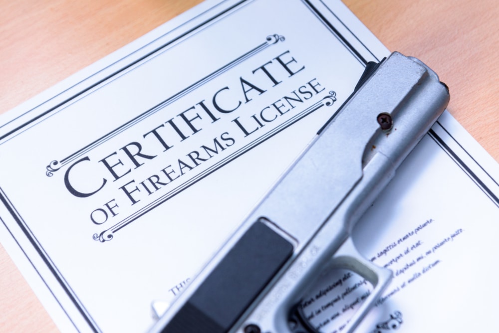 Closeup of Firearms License certificate and a pistol